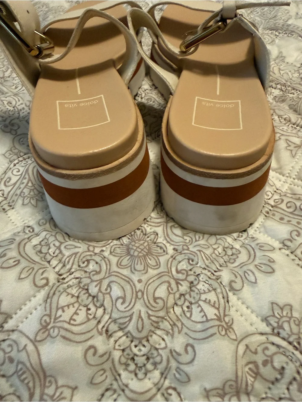 Dolce Vita Cream Platform Slide Sandals with Gold Buckles